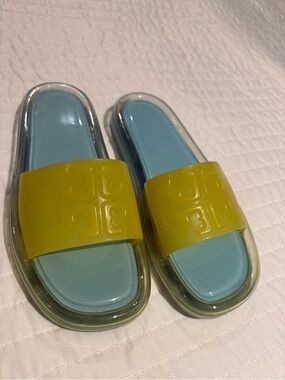 Tory Burch Blue and Yellow Jelly Slide Sandals